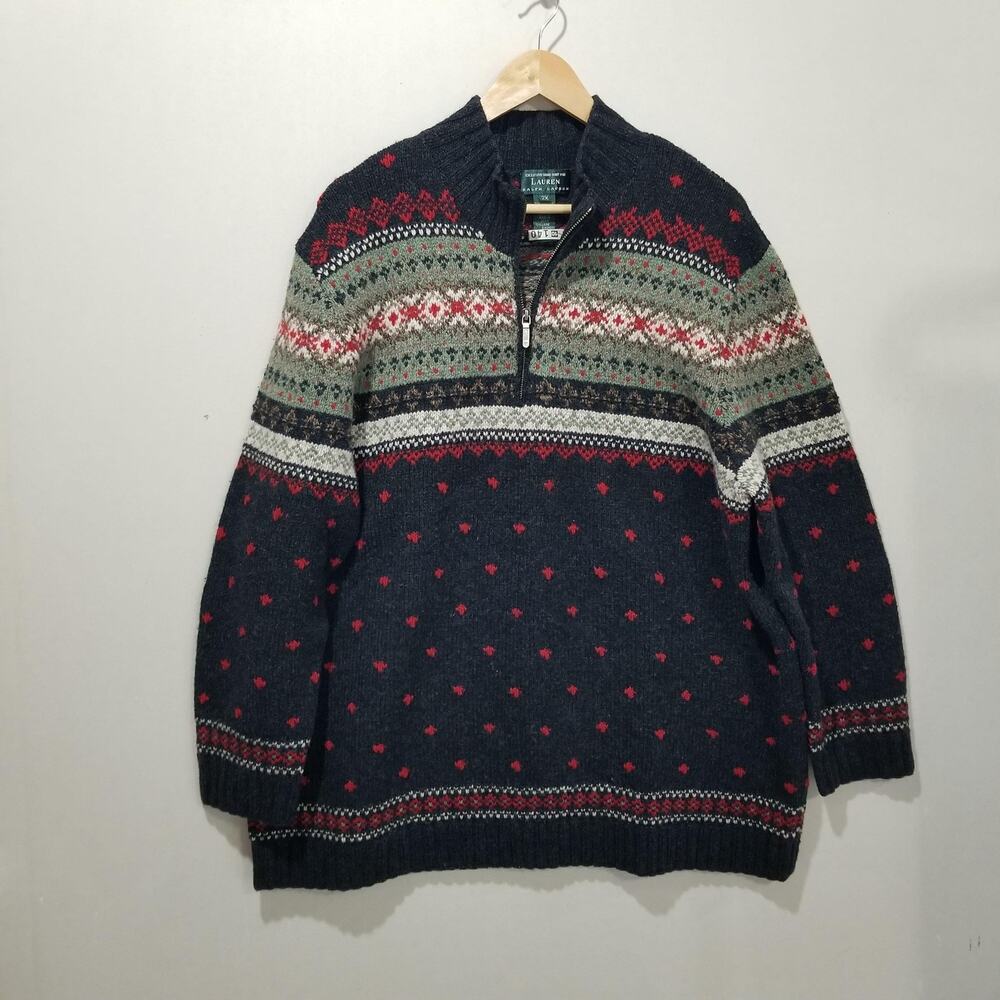 Lauren Ralph Lauren Sweater Mens 2X Fair Isle Quarter Zip Lambswool Hand Knit